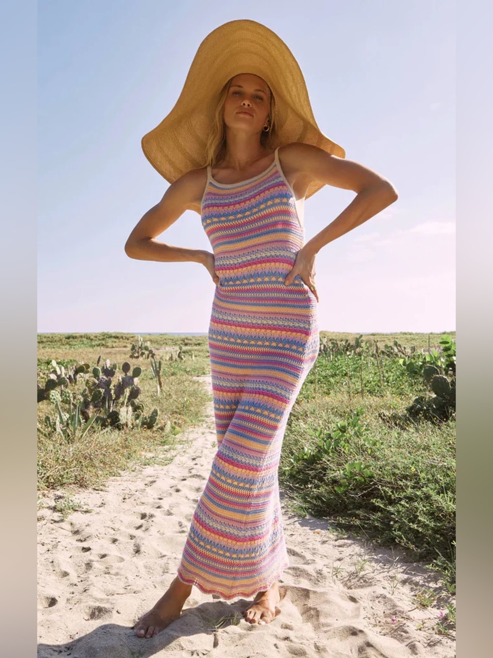 Z supply Santa Cruz crocheted stripe maxi dress colorful sunset beach vacation S